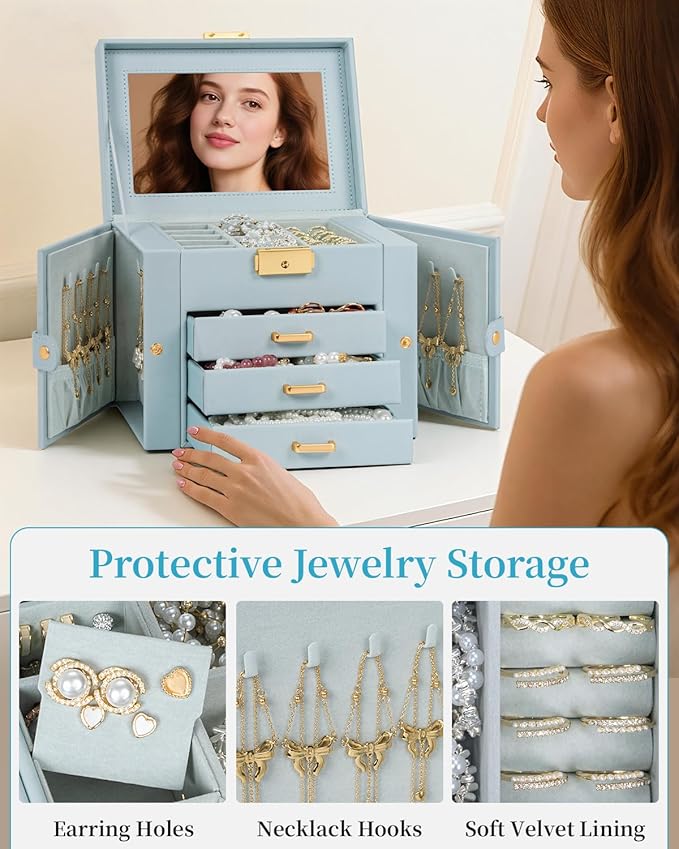 TORIBIO Jewelry Box for Women, Leather Jewelry Organizer with Mirror & Lock, 4-Tier Jewelry Storage Organizer with 3 Drawers 