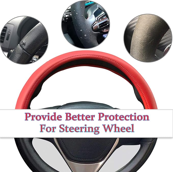 Evankin Red Leather Steering Wheel Cover, Comfortable and Soft Solid Color Universal Steering Wheel Cover 15 inch, Suitable f