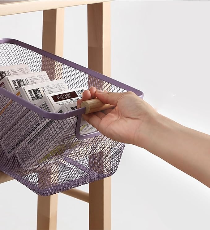 AJIODA Metal Mesh Steel Basket, Medium Wire Storage Organizer Basket Multi-function Hanging Kitchen Basket with Wood Handle f