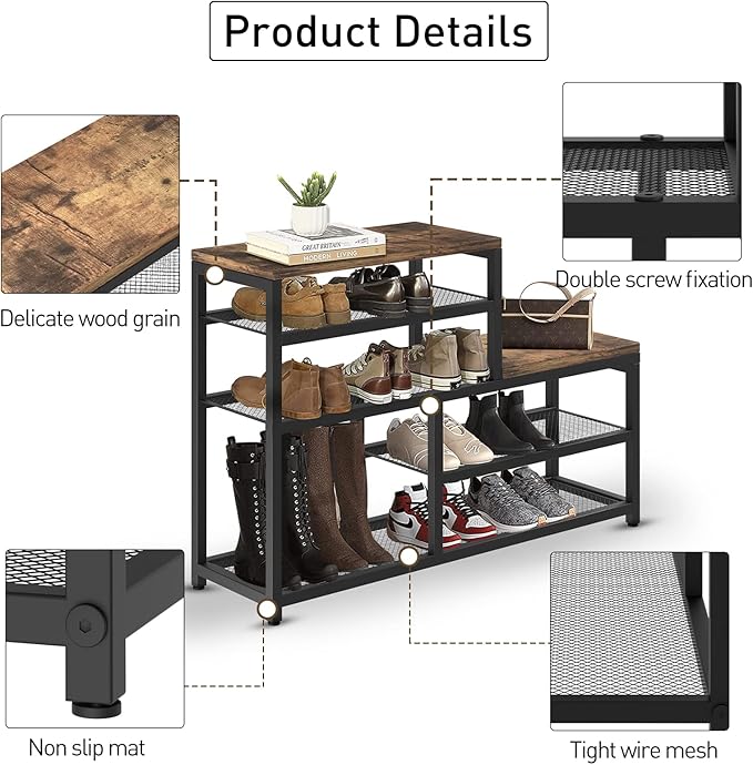 Shoe Rack Bench Shoe Storage Organizer with Seat, 5-Tier Industrial Free Standing Shoe Rack for Entryway, Narrow Shoe Rack Or