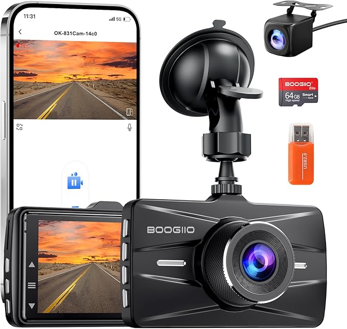 Dash Cam Front and Rear with 64GB SD Card, 4K Dash Camera for Cars with APP, 5G WiFi Car Camera, Built-in G-Sensor, 170° Wide