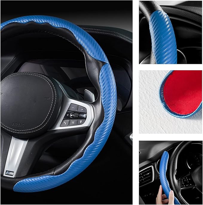 3 Piece Carbon Fiber Steering Wheel Cover,Car Steering Wheel Protector with Non-Slip Lining,Breathable Microfiber Universal for 14.5-15 inch,Blue