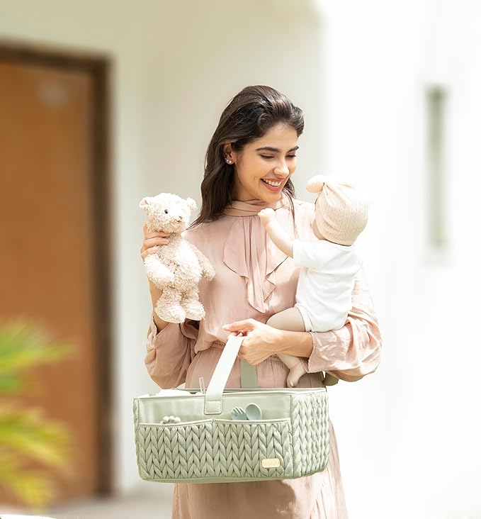 Luxurious Baby Diaper Caddy, Nursery Storage Basket for Newborn Essentials, Travel Baby Basket for Diapers Baby Wipes, Organi