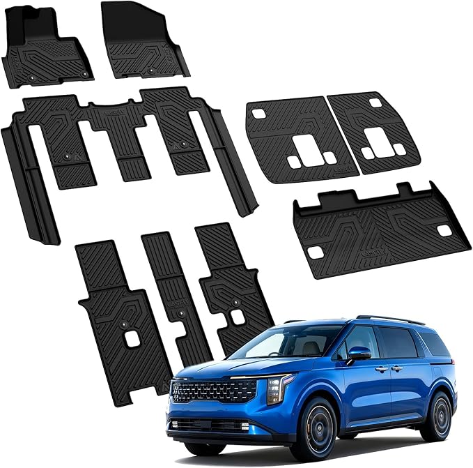 LASFIT Floor Mats & Backrest Mats & Cargo Mat for Kia Carnival 2026 2025 2024 2023 2022 (Only Fit Gas & 8 Seats), All Weather TPE Custom Fit Floor Liners Full Set Car Mats Trunk Mat Accessoires, Black