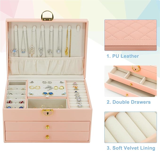 KOOAAICCHI Jewelry Box for Women, 3-Layer Jewelry Organizer, Jewelry Storage Case PU Leather for Earrings, Bracelets, Ring, N