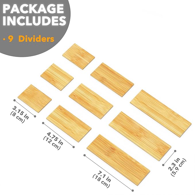 SpaceAid Bamboo Drawer Dividers with Inserts and Labels, 4 Dividers with 9 Inserts (17-22 in), Bag Storage Organizer (1 Box 4