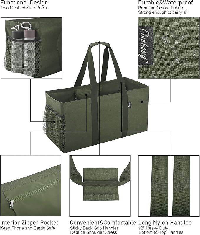 Finnhomy 42L Extra Large Utility Tote Bag, Oxford Fabric Reusable Folding Grocery Bags with Handles and Pockets, 2 Pack