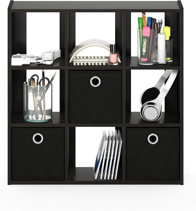 Furinno Simplistic 9-Cube Organizer with Bins, Small Size (Assembled unit dimensions : 7.9"D x 26.5"W x 26.7"H inches), Espre