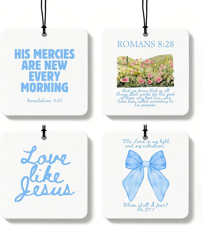 Blue Christian Car Air Freshener 4 Pcs, Coquette Blue Bow Bible Verse Religious Hanging Air Freshener for Cars Closet Drawer 