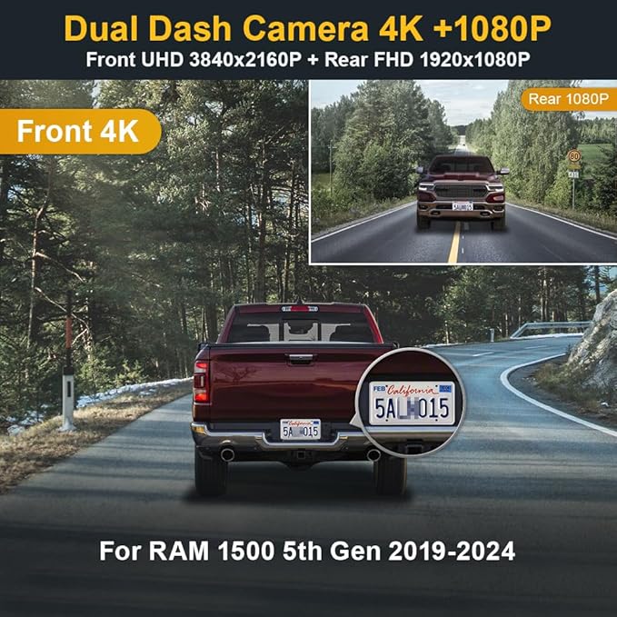 Fitcamx Front 4K+Rear 1080P Dash Cam Adapts for Dodge RAM 1500 (MODEL B) 2019-2024 Rebel Big Horn Laramie, OEM Look, Dual HD 