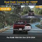 Fitcamx Front 4K+Rear 1080P Dash Cam Adapts for Dodge RAM 1500 (MODEL B) 2019-2024 Rebel Big Horn Laramie, OEM Look, Dual HD 