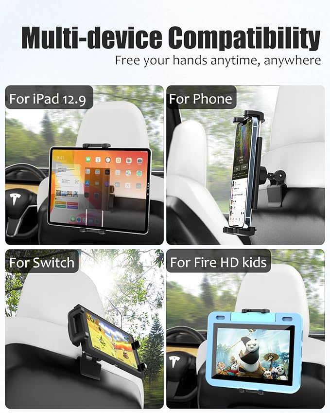 Tesla Back Seat Tablet Mount for Model 3/Y, [Anti-Drop] Tesla Headrest iPad Holder with 360° Adjustable Road Trip Essentials for Kids Fits All 4.7-12.9'' Devices