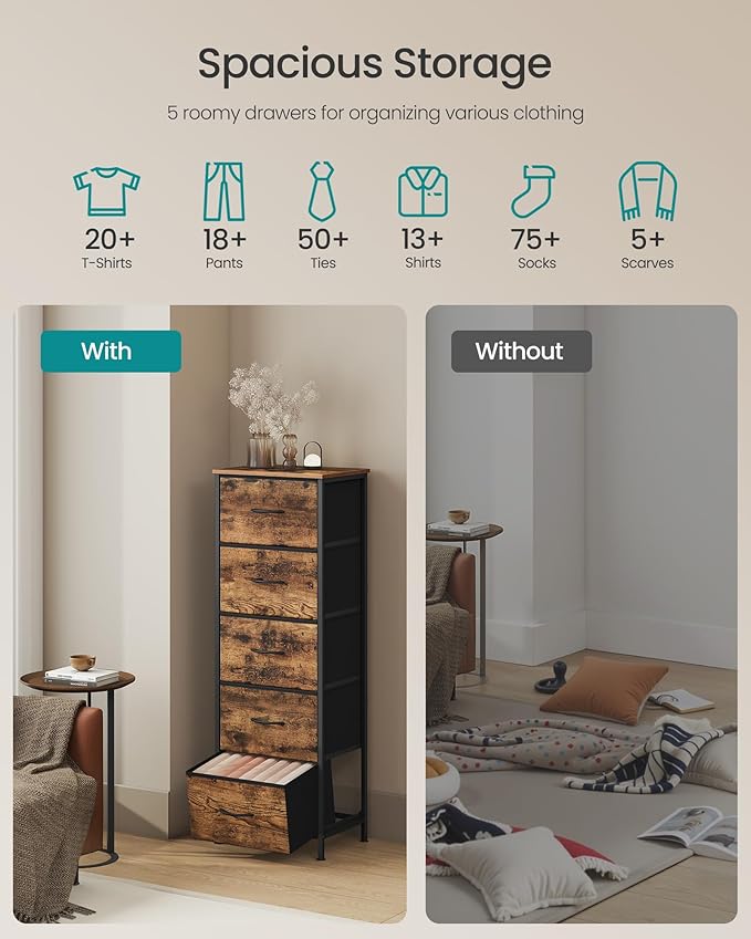 SONGMICS Dresser for Bedroom, Chest of Drawers, Steel, MDF, 5 Non-Woven Fabric Drawers, Storage Organizer Unit, Closet, Entry