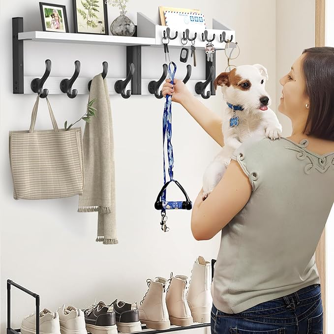 Evermagin 29" Coat Rack Wall Mount with Shelf, 4 in 1 Coat and Key Hanger with 11 Metal Hooks, Entryway Wall Mounted Shelf wi