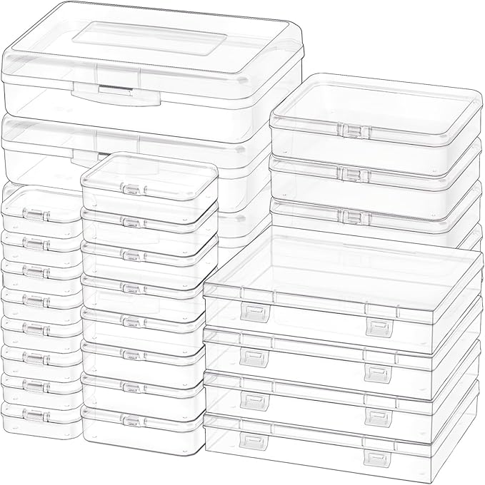 28 Pack Mixed Sizes Rectangular Mini Plastic Containers Clear Plastic Storage Boxes with Hinged Lids and Labels Empty Beads O
