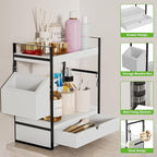 2-Tier Bathroom Counter Organizer with Drawer and Basket, Wood Countertop Organizer for Storage, Skincare Organizers for Vani