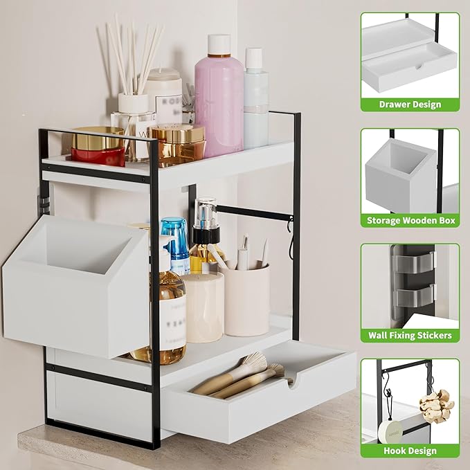 2-Tier Bathroom Counter Organizer with Drawer and Basket, Wood Countertop Organizer for Storage, Skincare Organizers for Vani