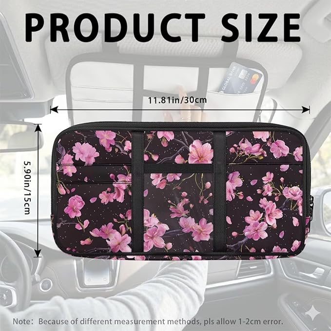 Cherry Blossom Car Visor Organizer for Women Car Visor Storage Pouch Holder Auto Interior Accessories Pocket Cars Truck SUV Storage Pouch Holder, with Multi-Pocket and Zipper