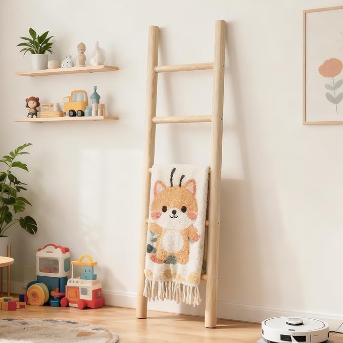 Wooden Blanket Ladder - 57in Natural Wood Color- Leaning Wall Decor for Bedroom, Bathroom, Living Room - Rustic Quilt Holder 
