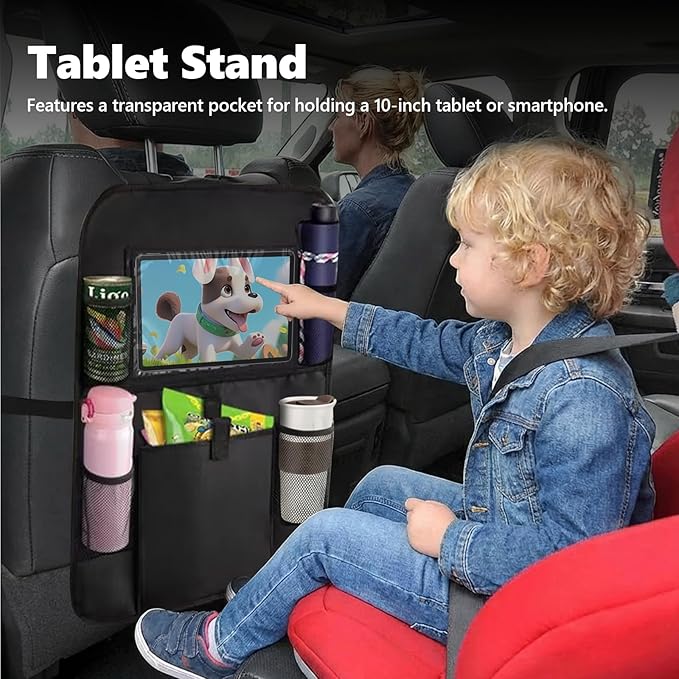 2PCS Car Backseat Organizer with 10" Tablet Holder, Waterproof Oxford Fabric Auto Back Seat Protector Kick Mat, Multi-Pocket Back Seat Organizer Storage, Travel Car Accessories (Large Pocket)