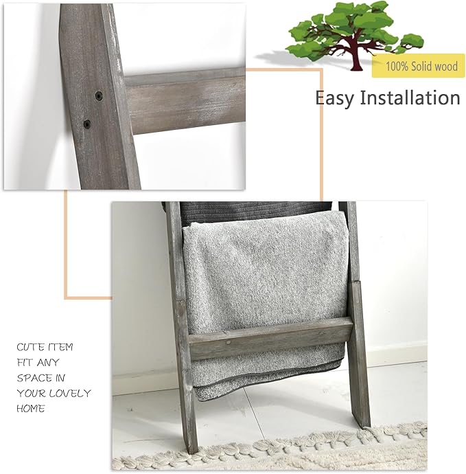 FUIN 5ft (58") Wood Blanket Ladder Living Room Decorative Wall Leaning Farmhouse Quilt Display Holder Storage Rustic Wooden T