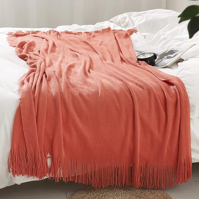 Homiest Decorative Knitted Throw Blanket with Fringe Soft & Cozy Tassel Blanket for Couch Sofa Bed (Orange,50x60)