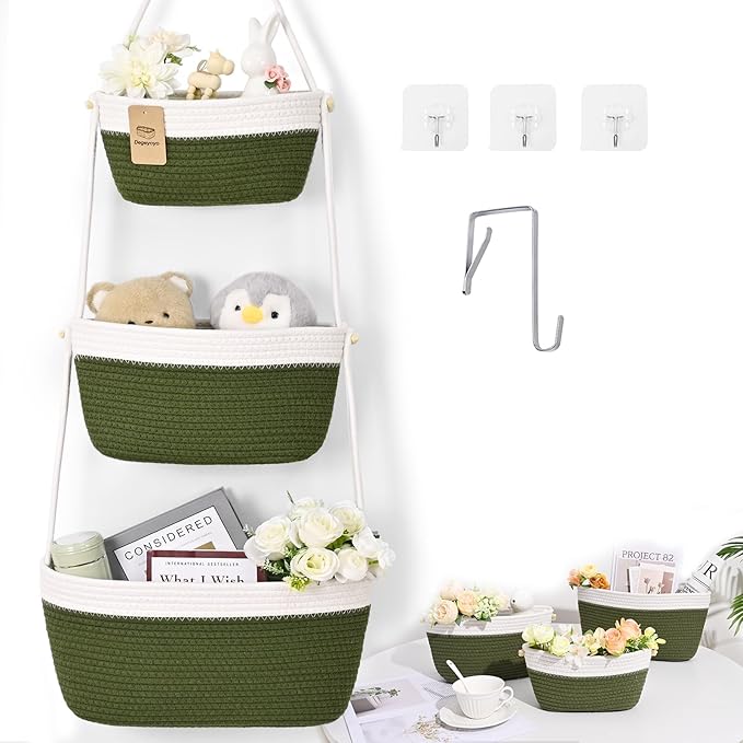 Hanging Storage Baskets, Over the Door Basket, Cotton Wall Baskets Storage, Hanging Door Basket with 4 Hooks