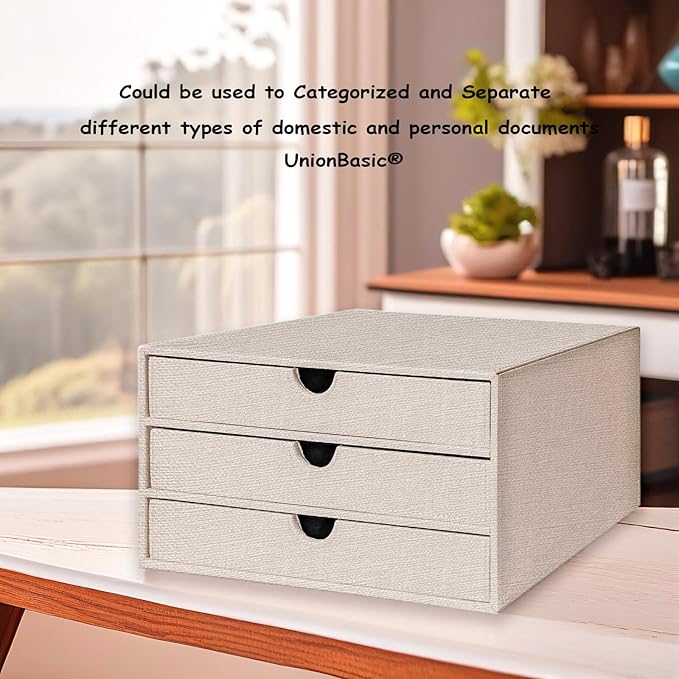 UnionBasic Document Organizer, 3-Drawer File Cabinet Document Storage Box, Office Desktop Filing Organizer, Beige