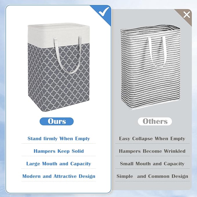 BlissTotes 3-Pack Laundry Basket, Freestanding＆Waterproof Laundry Hamper, Collapsible Tall Clothes Hamper with Easy Carry Han
