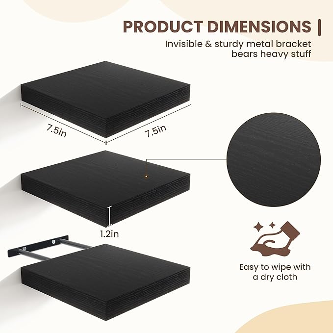 Fun Memories Floating Shelves for Wall - 7.5 Inch Square Shelves with Invisible Brackets, Black Small Wall Shelf for Living R