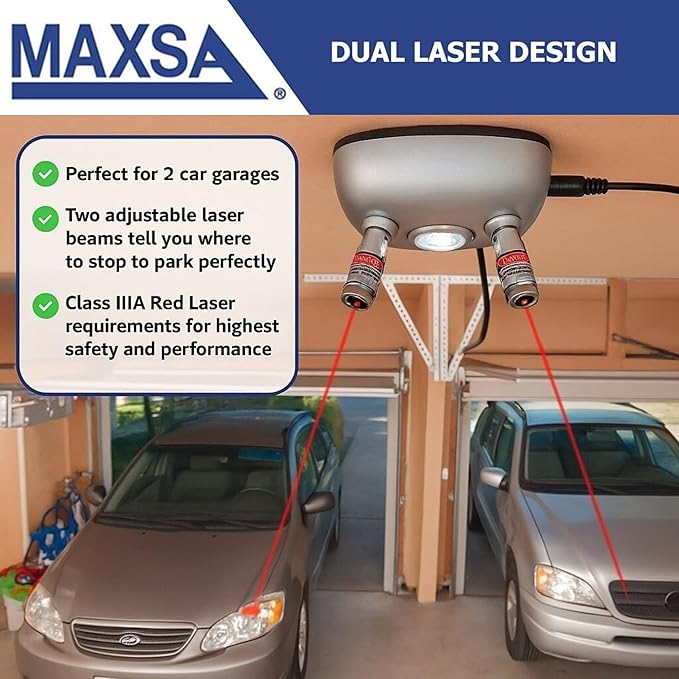Maxsa 37314 Park Right Dual Laser Parking Guide for Garage with Adjustable 360-Degree Lasers, Motion Activated with LED Light, AC Adapter and Battery Backup, Car and SUV Parking Guide, Silver