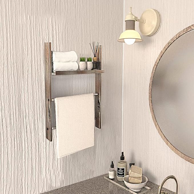 J JACKCUBE DESIGN Rustic Wood Wall Mount Towel Rack with Shelf, Blanket Ladder for Bathroom, Kitchen Hand Towels Holder, Stai