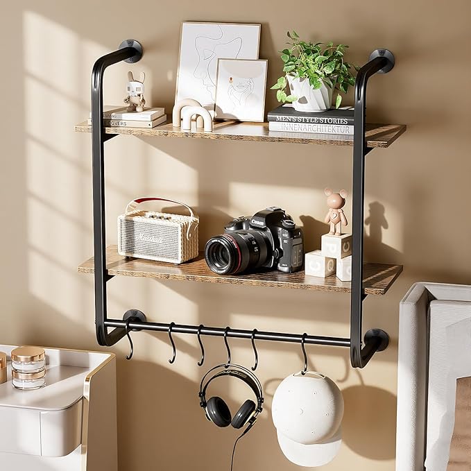 2 Tier Industrial Pipe Shelving, 24" Kitchen Shelves Wall Mounted with 6 Hooks, Coffee Bar Shelves Display Bookshelf Wall She