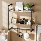 2 Tier Industrial Pipe Shelving, 24" Kitchen Shelves Wall Mounted with 6 Hooks, Coffee Bar Shelves Display Bookshelf Wall She