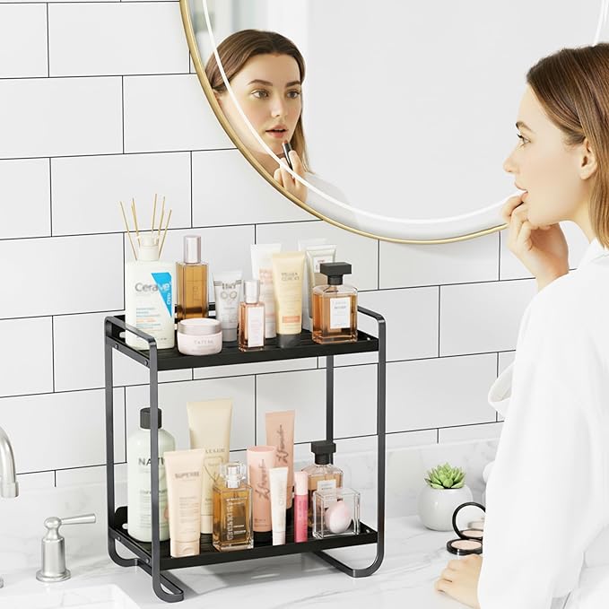 2-Tier Black Carbon Steel Bathroom Counter Organizer - Skincare Cosmetic Display Tray for Perfume, Makeup，Bathroom, Vanity St