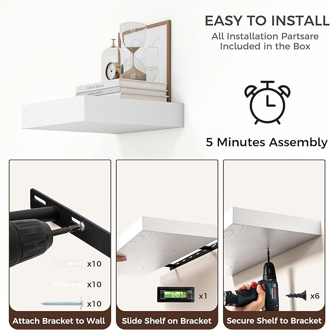 Square Floating Shelves for Wall, 12" W x 12" D x 2" H, 2 Pack of Small Wall Mounted Engineered Wood Shelves with Invisible B