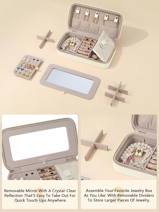 Travel Jewelry Case with Mirror, Quilted Small Jewelry Box Organizer for Women Girls, Portable Earring Necklace Bracelet Ring