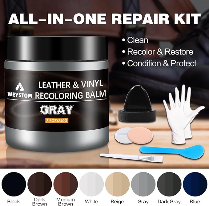 Leather Recoloring Balm - Gray Leather Repair Kit for Furniture, Leather Dye & Paint to Recolor, Restore & Repair Faded, Crac