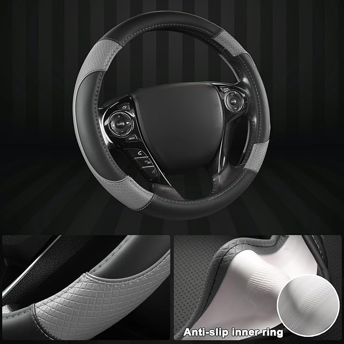 GIANT PANDA Steering Wheel Cover for Honda Civic(2006-2015),CR-Z, Insight, S2000 (Gray+Black-Small Size)