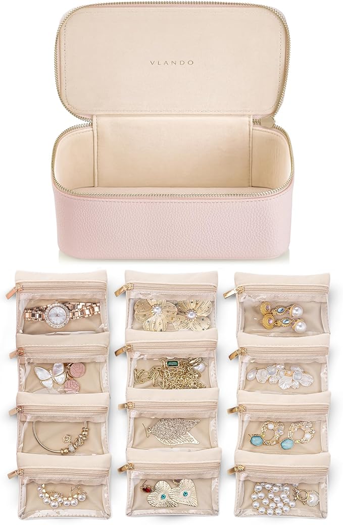 VLANDO Teacher Gifts for Women,Jewelry Box with 12 Velvet Jewelry Bags Travel Jewelry Case for Mothers Day Mom Gifts, Jewelry