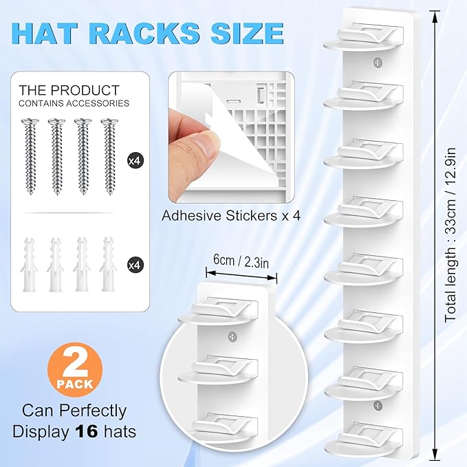 Eiito Hat Organizer for Baseball Caps, 2 Pack Strong Adhesive Hat Rack for Wall, Multilayer Hat Storage Display Holder, Wall 