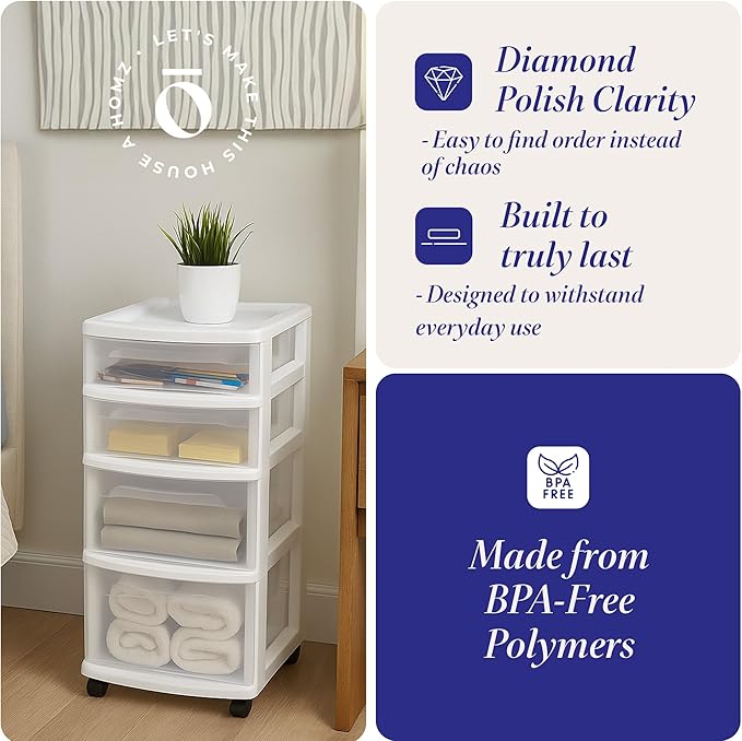 HOMZ Drawer Tower, 4-Tier Clear Plastic Storage Organizer Cart, White Frame – Rolling Containers with Wheels for Bathroom, Be