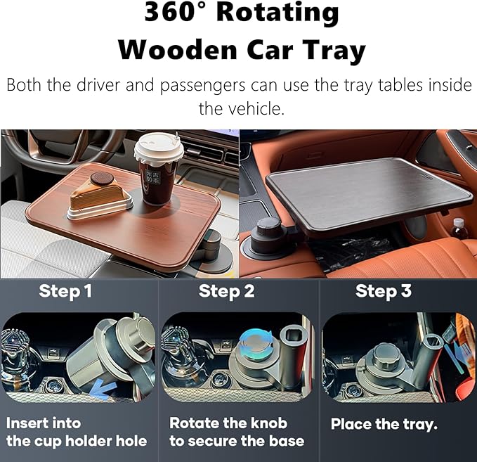 HZGAMER Wood Car Desk for Laptop, 360° Rotating Wood Cup Holder Table Tray for Drivers and Passengers, Car Accessories Compatible with Tesla Model Y/3/S, Ford F150/Explorer/Maverick & Most Vehicles
