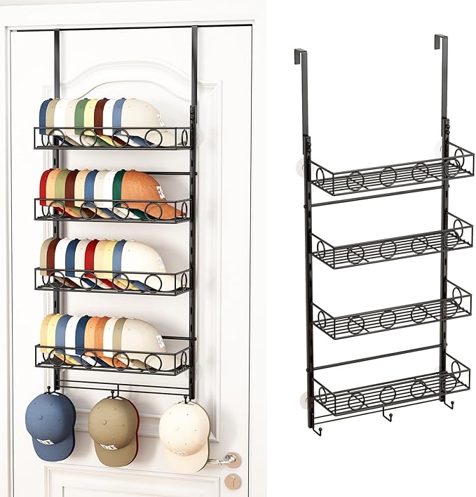 Over Door Hat Organizer 5 Tier Wall Mounted Hat Rack with 4 Adjustable Metal Basket and 3 Hooks Hat Organizer for Baseball ca