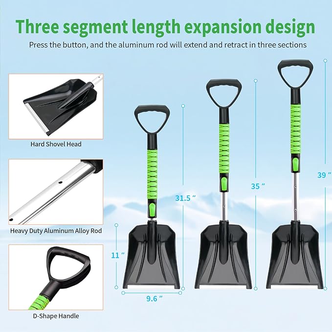 43.3'' Snow Shovel & Snow Brush with Ice Scrapers for Car Windshield,5-in-1 Extendable Thicken Aluminum Tube,180° Pivoting Brush Head & Foam Grip for Christmas, Cars, Trucks, SUVs, Vehicle（Green