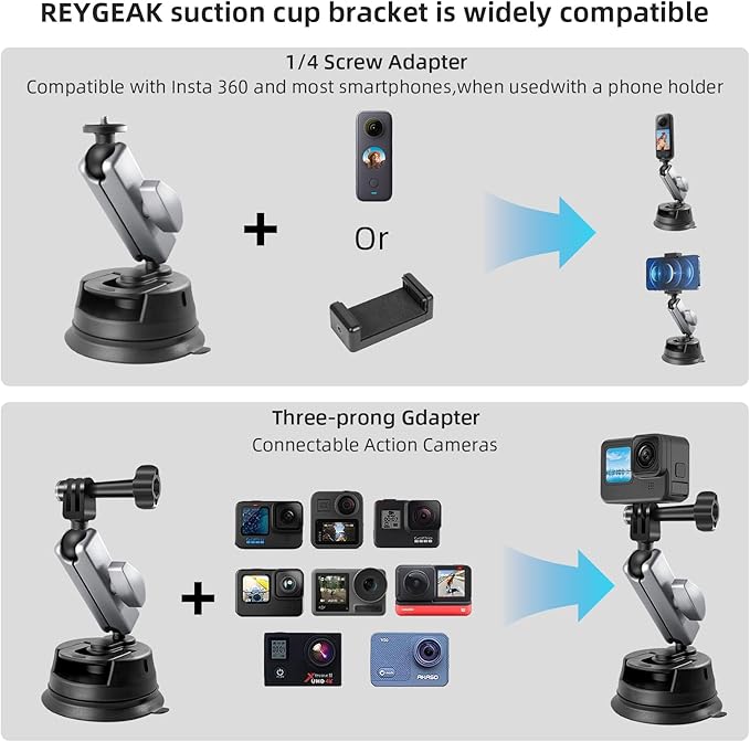 REYGEAK Suction Cup Car Mount with 1/4 Thread, 360° Rotation Windshield Car Mount for GoPro Hero 12 11 10 9 8 Insta360 X4 X3 Go3 DJI Action 4, Pocket 3 Accessories