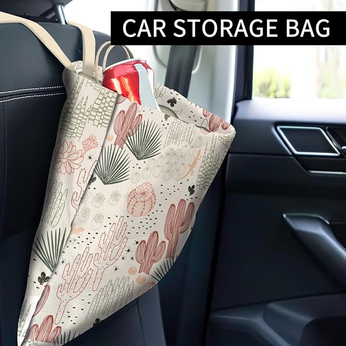 Car Trash Can, Cute Car Trash Bag, Hanging Car Organizer and Storage Bag, Trash Bin for Car Accessories, Vehicle, Travelling, Camping Colorful Cactus