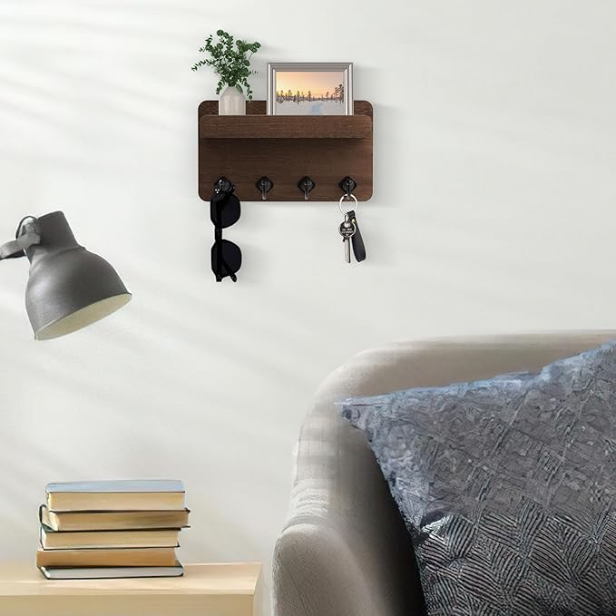 Nekon Key Holder Wall Mount, 8.5 Inch Small Home Decor Wooden Wall Organizer with 4 Hooks and Shelf, Key and Mail Holder for 