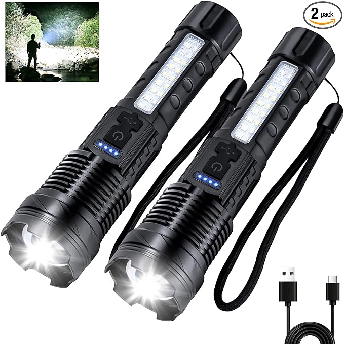 Rechargeable Flashlight 980,000L High Lumens 2 Pack, Led Tactical Flash Light, Super Bright Flashlights with 7 Modes, USB C C