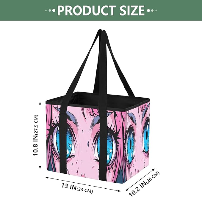 Kawaii Anime Eyes Reusable Grocery Bags Large Shopping Tote Bag with Reinforced Bottom Board, Water Resistant Foldable Storag